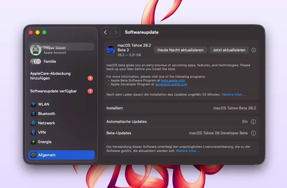 macOS 26.2 开发者预览版 Beta 2发布